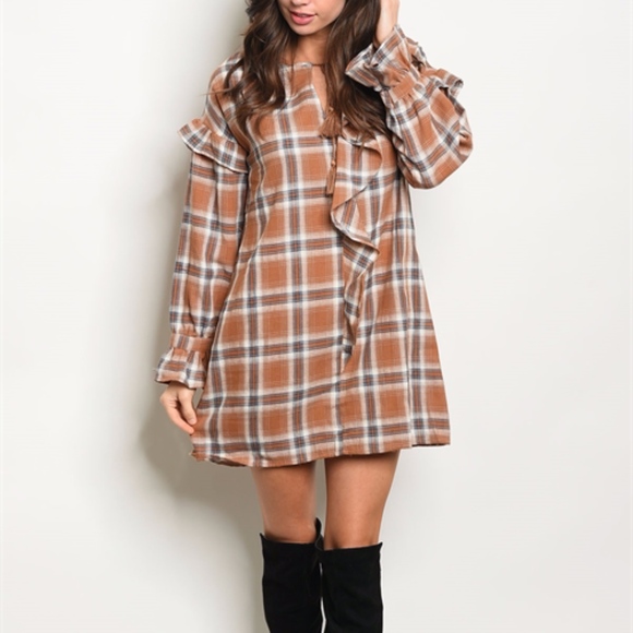 Checkered Long Sleeve Ruffled Tunic Dress - Picture 4 of 8